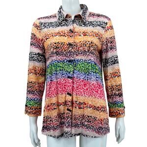 Ali Miles Top Womens Small Rainbow Animal Print‎ Sheer Button Up Arsty Colorful